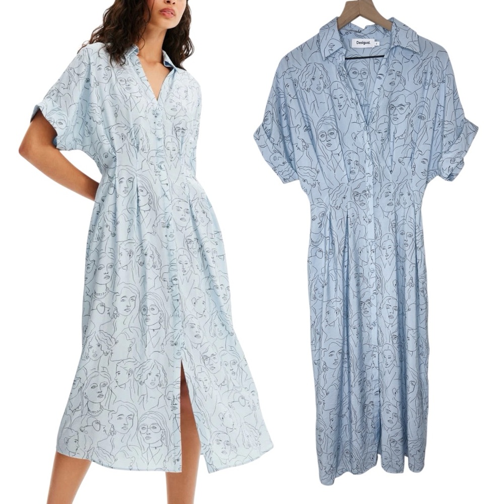 Desigual Damara Faces Shirt Dress MIDI Light Blue size Small
